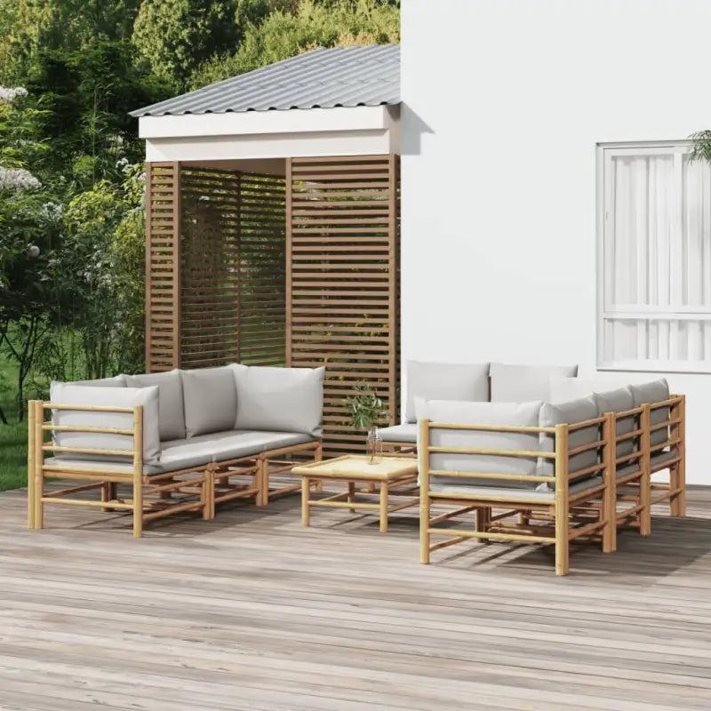 Elegante bamboe tuinset met comfortabele afmetingen en rugkussen - Lichtgrijs / 4x hoek + 4x midden + Tafel - Tuinsets