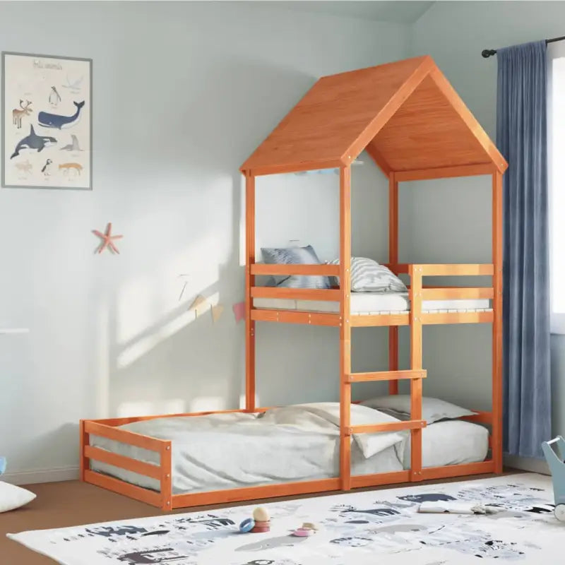 Elegante metalen stapelbed met massief grenenhout voor kleine kamers - Wasbruin / 90 x 200 cm - Bedden & bedframes