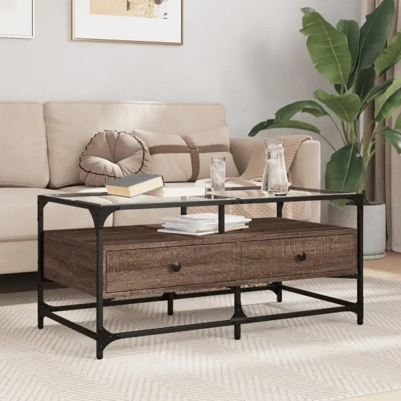 Elegante salontafel met glazen blad voor moderne woonkamer decoratie - bruin eikenkleur / 1 - Salontafels
