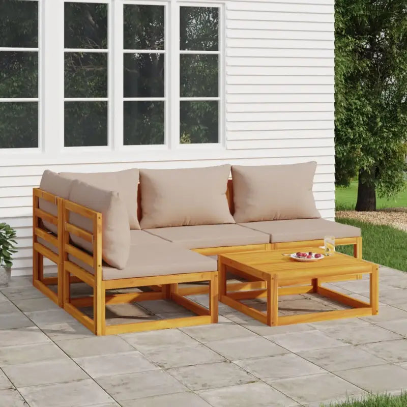 Elegante tuinset van massief acaciahout met comfortabele afmetingen rugkussen - Taupe / hoek + 3x midden + Tafel