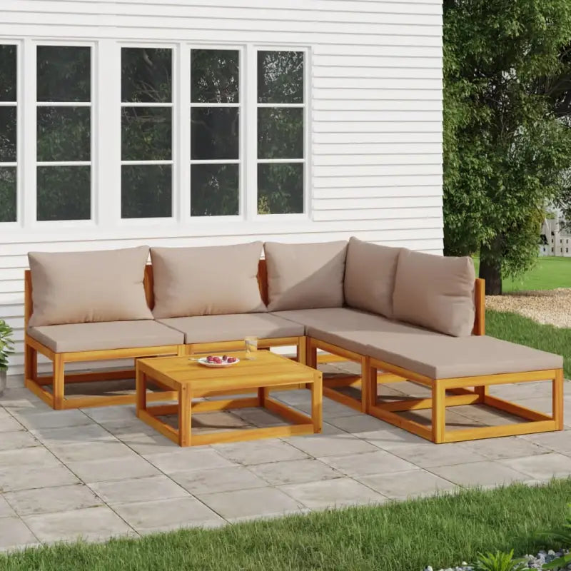 Elegante tuinset van massief acaciahout met comfortabele afmetingen rugkussen - Taupe / hoek + 3x midden + voetensteun