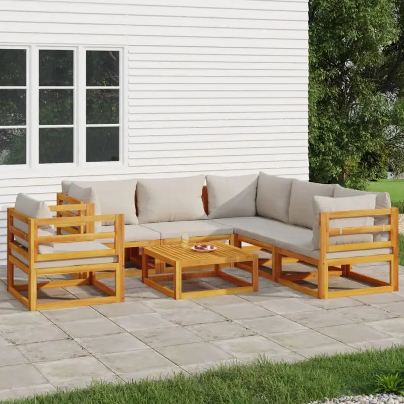 Elegante tuinset van massief acaciahout met comfortabele afmetingen rugkussen - Lichtgrijs / 3x hoek + 2x midden
