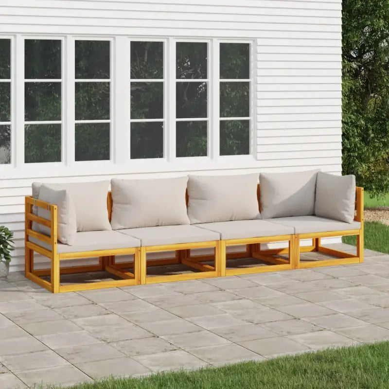 Elegante tuinset van massief acaciahout met comfortabele afmetingen rugkussen - Lichtgrijs / 2x hoek + 2x midden