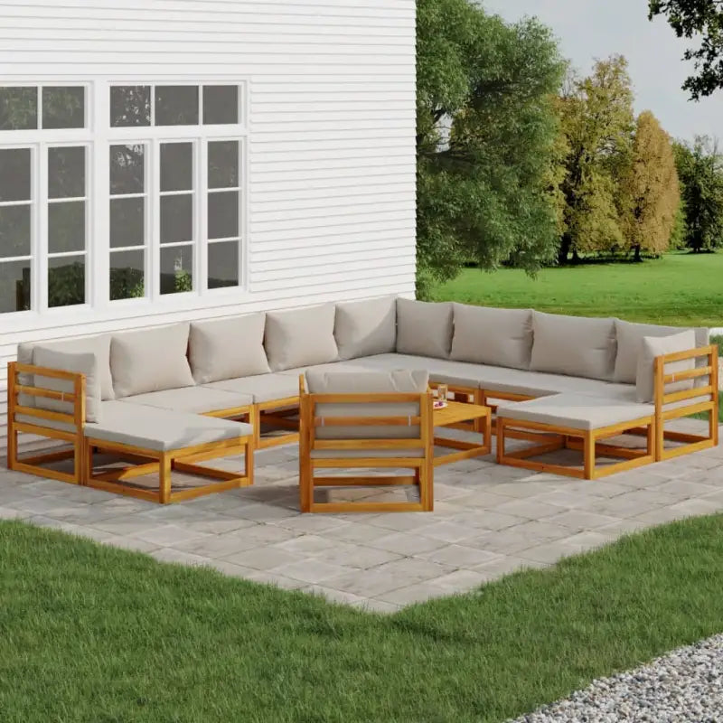 Elegante tuinset van massief acaciahout met comfortabele afmetingen rugkussen - Lichtgrijs / 3x hoek + 5x midden