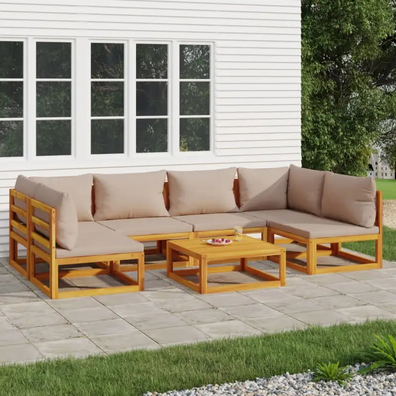 Elegante tuinset van massief acaciahout met comfortabele afmetingen rugkussen - Taupe / 2x hoek + 4x midden + Tafel