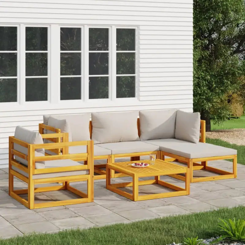 Elegante tuinset van massief acaciahout met comfortabele afmetingen rugkussen - Lichtgrijs / 2x corner + middle + chair