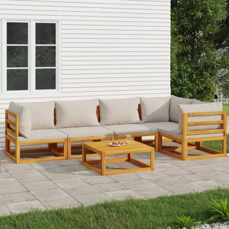 Elegante tuinset van massief acaciahout met comfortabele afmetingen rugkussen - Lichtgrijs / 3x hoek + Tafel + 2x