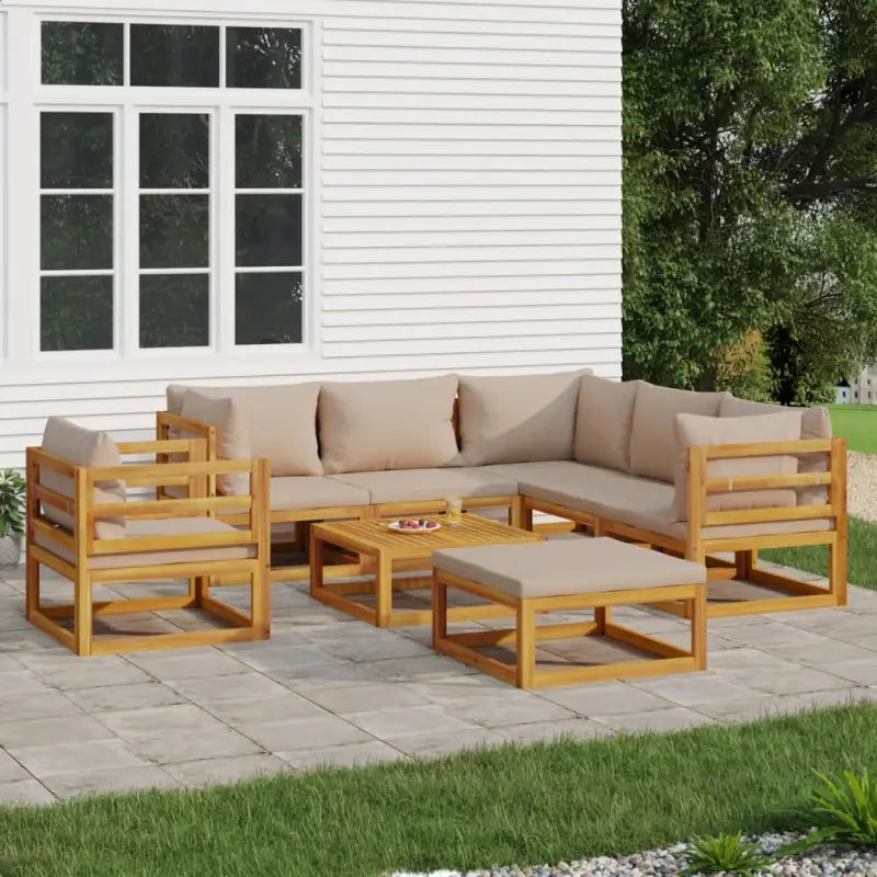 Elegante tuinset van massief acaciahout met comfortabele afmetingen rugkussen - Taupe / 3x hoek + 2x midden + stoel