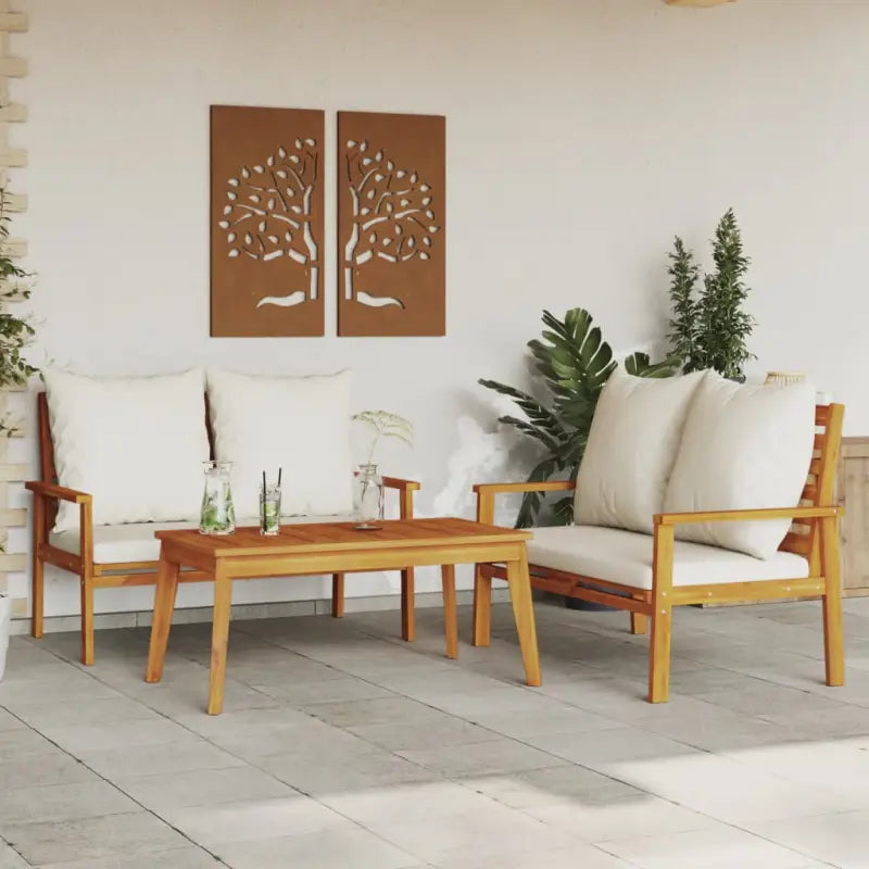 Elegante tuinset van massief acaciahout met olieafwerking en eenvoudige schoonmaak - Bruin en wit / 2x Bank + Tafel