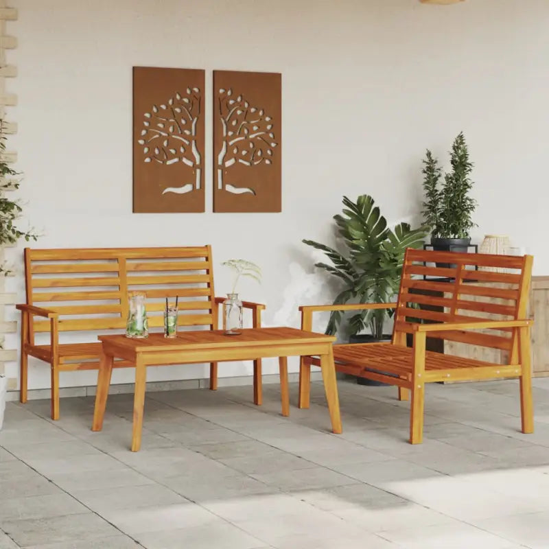 Elegante tuinset van massief acaciahout met olieafwerking en eenvoudige schoonmaak - Bruin / 2x Bank + Tafel - Tuinsets
