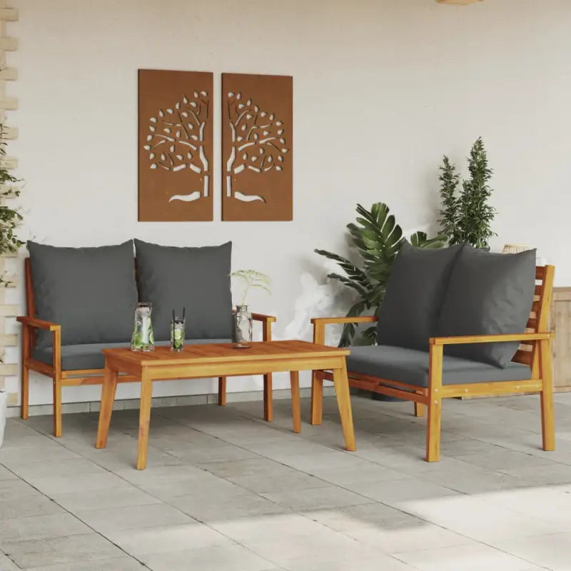 Elegante tuinset van massief acaciahout met olieafwerking en eenvoudige schoonmaak - Bruin en grijs / 2x Bank + Tafel