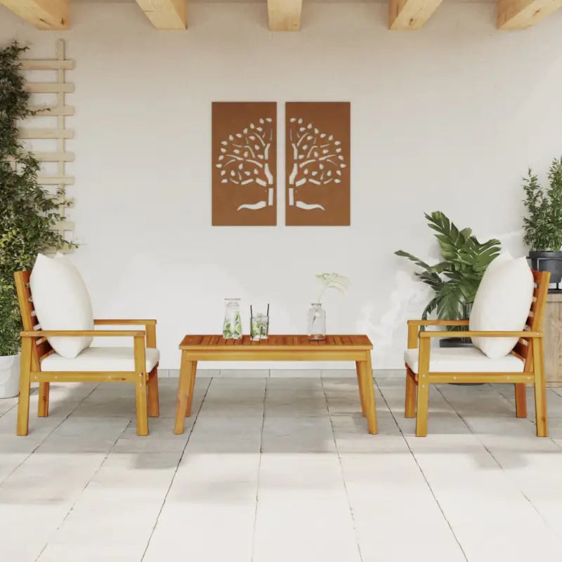 Elegante tuinset van massief acaciahout met olieafwerking en eenvoudige schoonmaak - Bruin en wit / 2x stoel + tafel