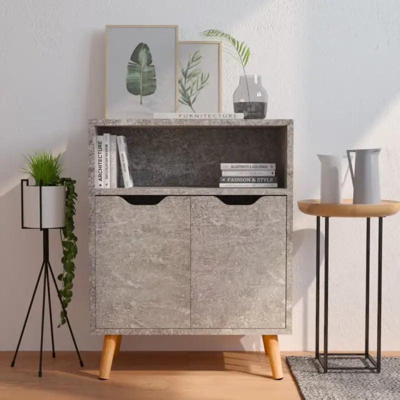 Ervaar elegantie met een dressoir van hoogglans wit en bewerkt hout - Betongrijs / 1 - Dressoirs & buffetkasten