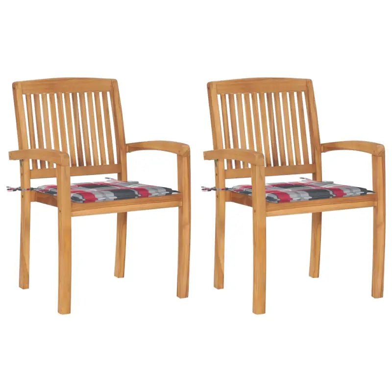 Fijn geschuurde teakhouten tuinstoelen met vintage uitstraling - Rood ruitpatroon / 2 - Tuinstoelen