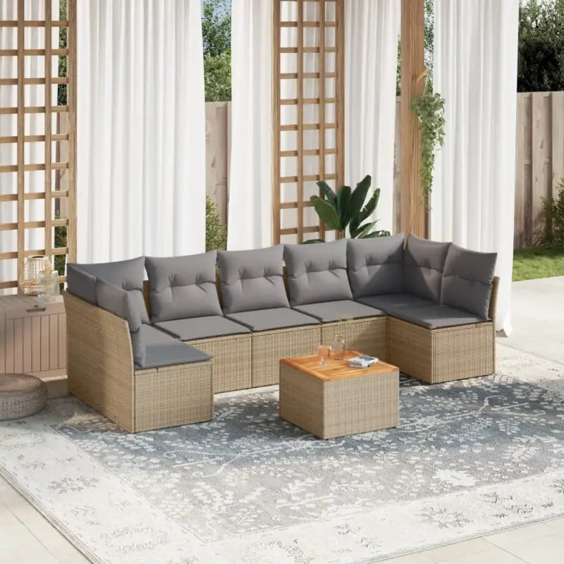 Gepoedercoat staal loungeset met poly rattan voor buitenplezier - Beige en grijs / 2x corner + table + 5x middle