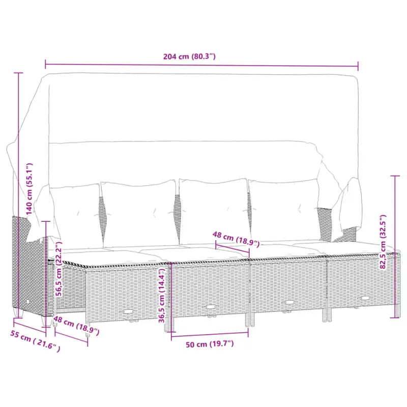 Gepoedercoat staal tuinset met poly rattan en uitschuifbare luifel - Tuinsets