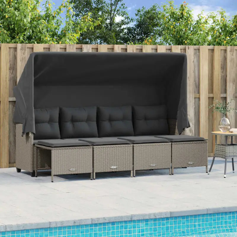 Gepoedercoat staal tuinset met poly rattan en uitschuifbare luifel - Lichtgrijs / met luifel - Tuinsets
