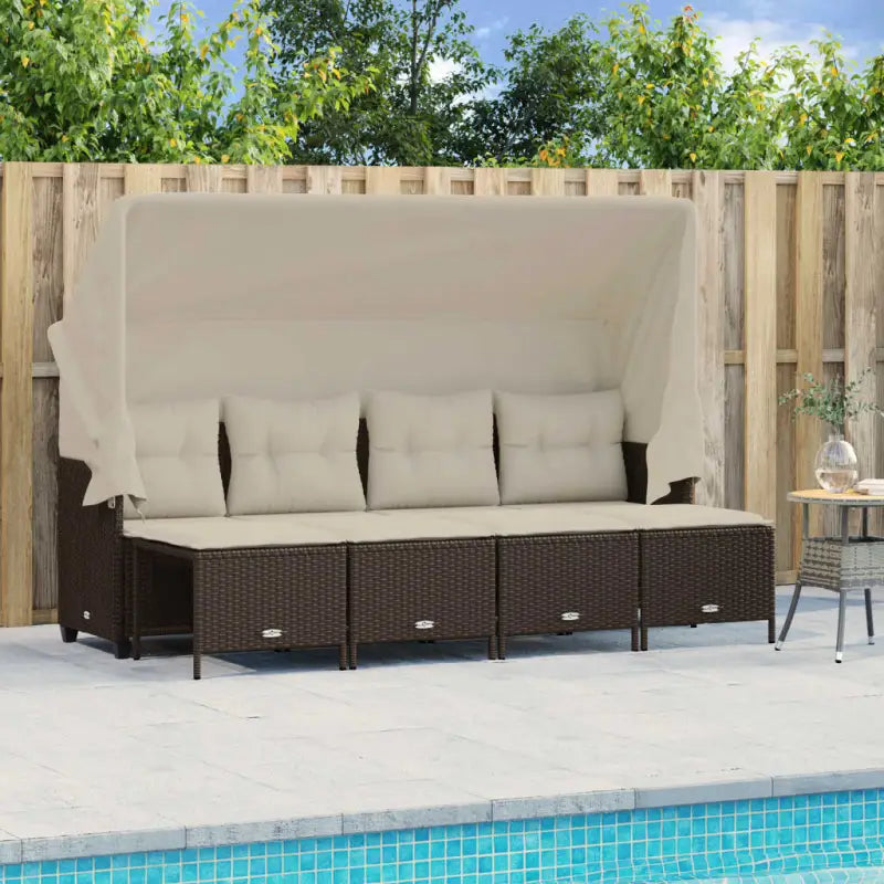 Gepoedercoat staal tuinset met poly rattan en uitschuifbare luifel - Bruin / met luifel - Tuinsets