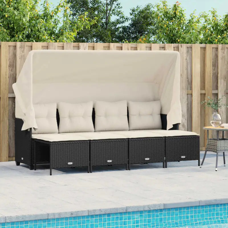 Gepoedercoat staal tuinset met poly rattan en uitschuifbare luifel - Zwart / met luifel - Tuinsets
