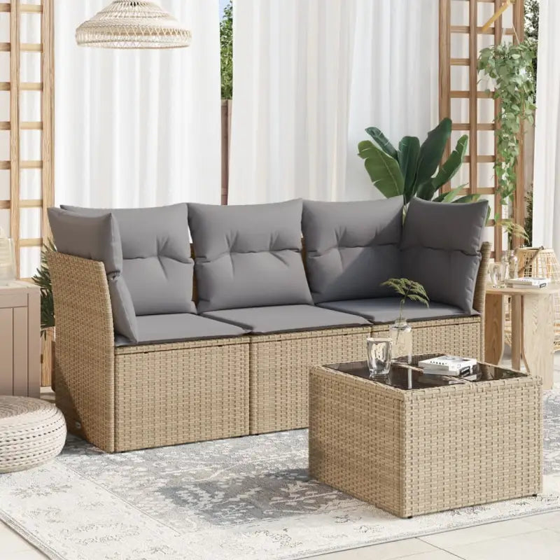 Gepoedercoat staal tuinset met poly rattan voor een comfortabele zitervaring - Beige en grijs / Met tafel - Tuinsets