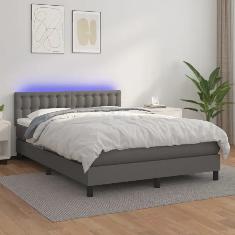 Grijze boxspring met matras en LED voor een rustgevende slaapkamer - Grijs / 140 x 190 cm / knoppwn - Bedden & bedframes