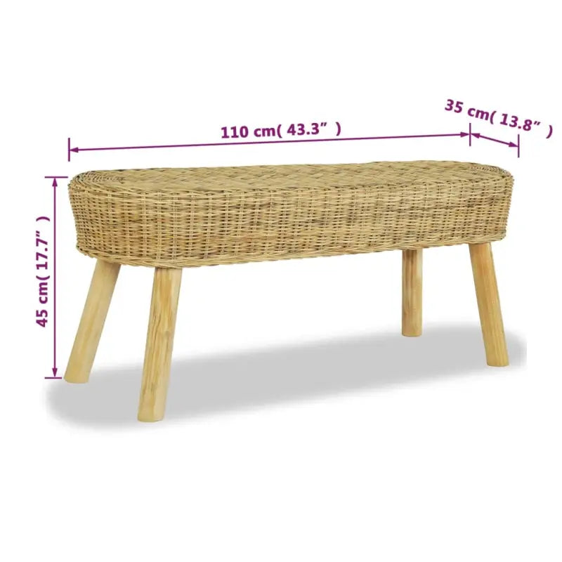 Halbankje met natuurlijk rattan en teakhouten poten voor rustieke charme - 110 x 35 x 45 cm - Opberg- & halbankjes