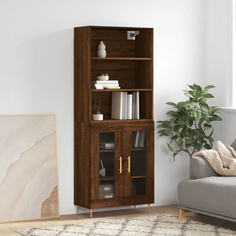 Hoge kast met ijzeren poten van bewerkt hout voor een stijlvolle look - bruin eikenkleur / 1 / 2 glazen deuren