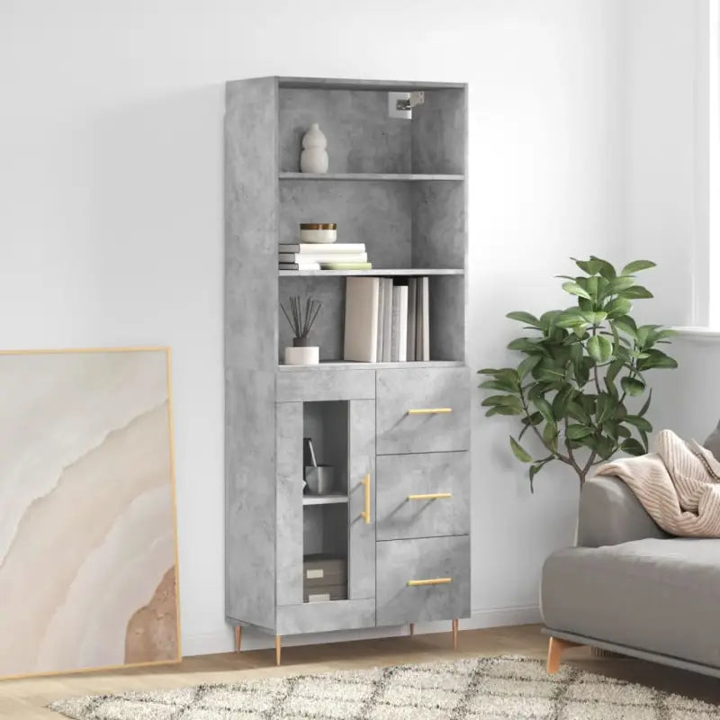 Hoge kast met ijzeren poten van bewerkt hout voor een stijlvolle look - Betongrijs / 1 / 1 glazen deur 3 lades