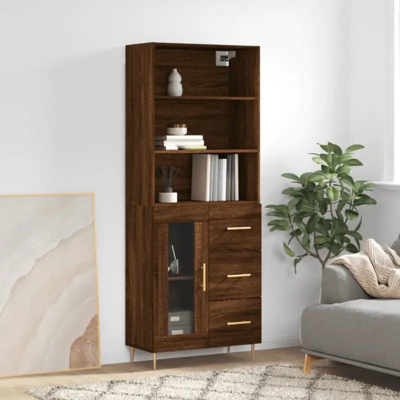 Hoge kast met ijzeren poten van bewerkt hout voor een stijlvolle look - bruin eikenkleur / 1 / 1 glazen deur 3 lades