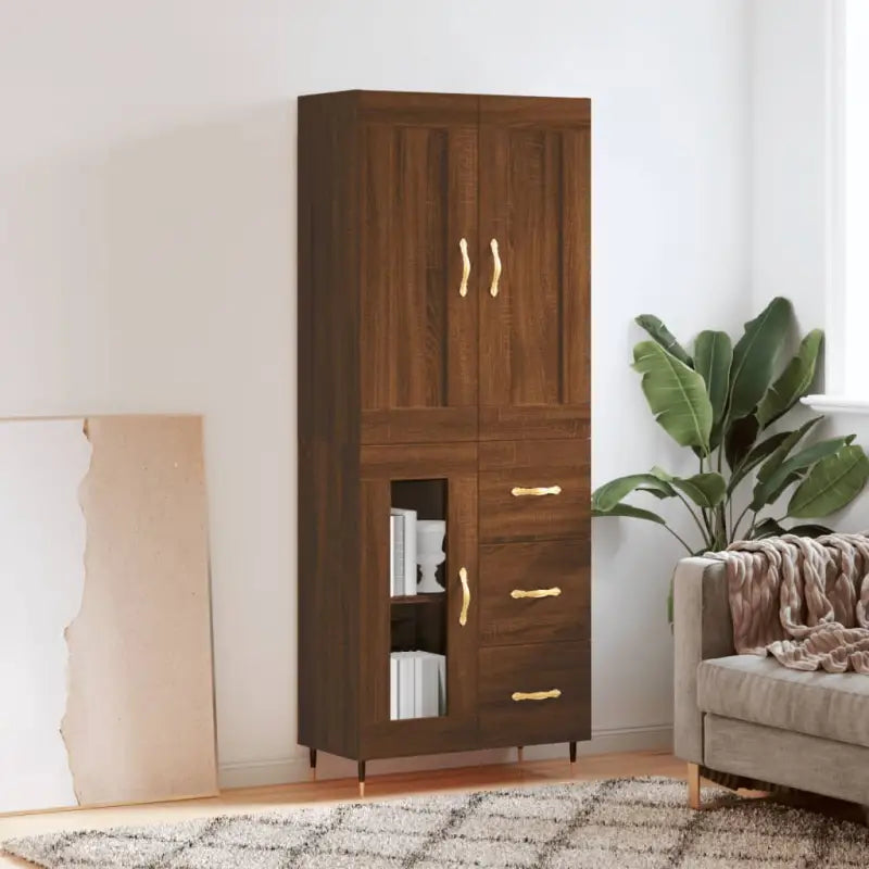 Hoge kast van bewerkt hout in grijs sonoma stijl - bruin eikenkleur / 1 / 1 glazen deur 3 lades - Dressoirs &