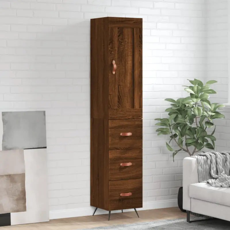 Hoge kast van bewerkt hout in hoogglans wit voor een trendy interieur - bruin eikenkleur / 1 / 3 lades - Dressoirs &