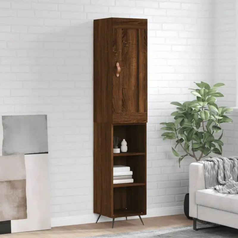 Hoge kast van bewerkt hout in hoogglans wit voor een trendy interieur - bruin eikenkleur / 1 / 3 schappen - Dressoirs &