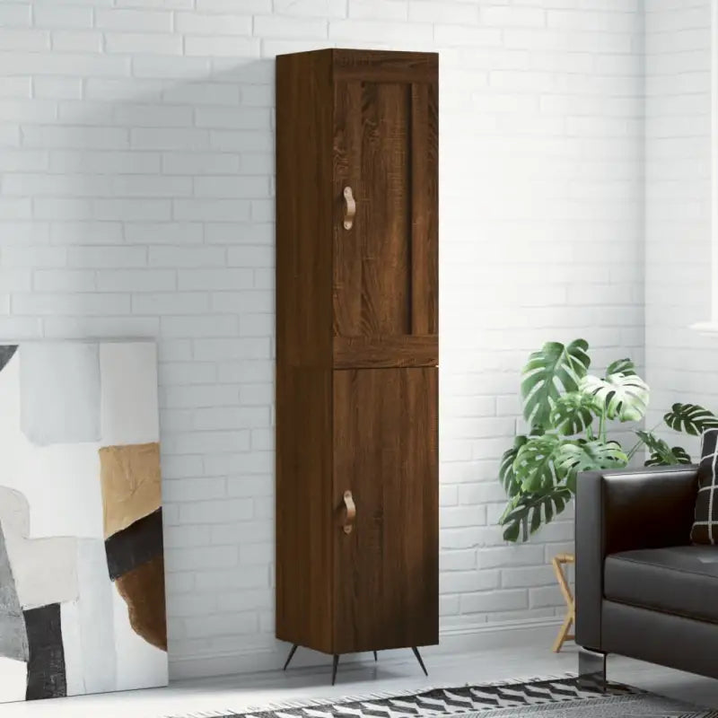 Hoge kast van bewerkt hout in hoogglans wit voor een trendy interieur - bruin eikenkleur / 1 / 1 deur - Dressoirs &