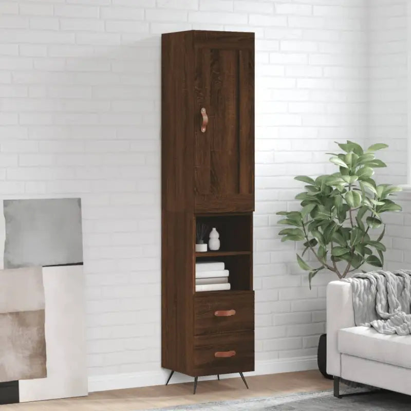 Hoge kast van bewerkt hout in hoogglans wit voor een trendy interieur - bruin eikenkleur / 1 / 2 lades 2 schappen