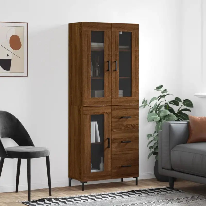 Hoge kast van bewerkt hout met charme en duurzame kwaliteit - bruin eikenkleur / 1 / 1 glazen deur 3 lades - Dressoirs