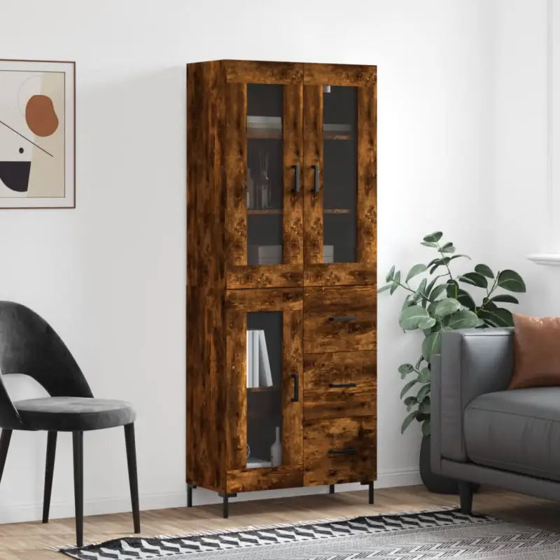 Hoge kast van bewerkt hout met charme en duurzame kwaliteit - Gerookt eiken / 1 / 1 glazen deur 3 lades - Dressoirs &