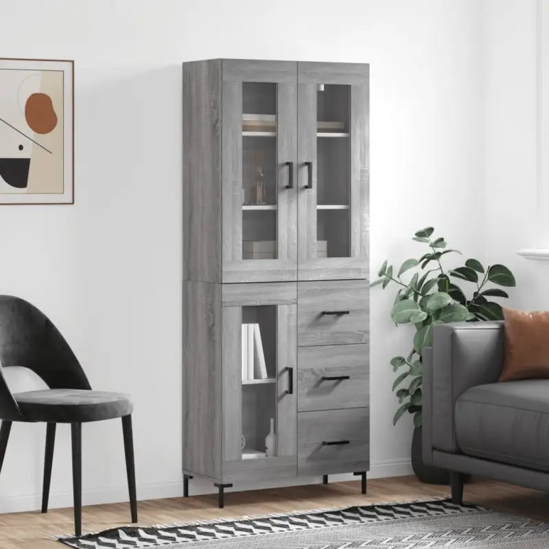 Hoge kast van bewerkt hout met charme en duurzame kwaliteit - Grijs sonoma / 1 / 1 glazen deur 3 lades - Dressoirs &