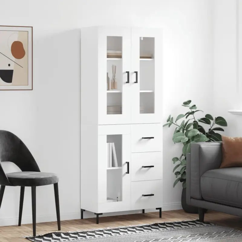 Hoge kast van bewerkt hout met charme en duurzame kwaliteit - Wit / 1 / 1 glazen deur 3 lades - Dressoirs & buffetkasten