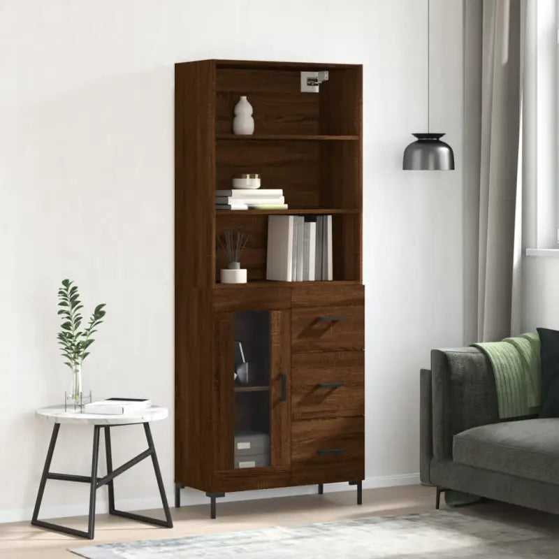Hoge kast van bewerkt hout met duurzame charme en unieke stijl - bruin eikenkleur / 1 / 1 glazen deur 3 lades