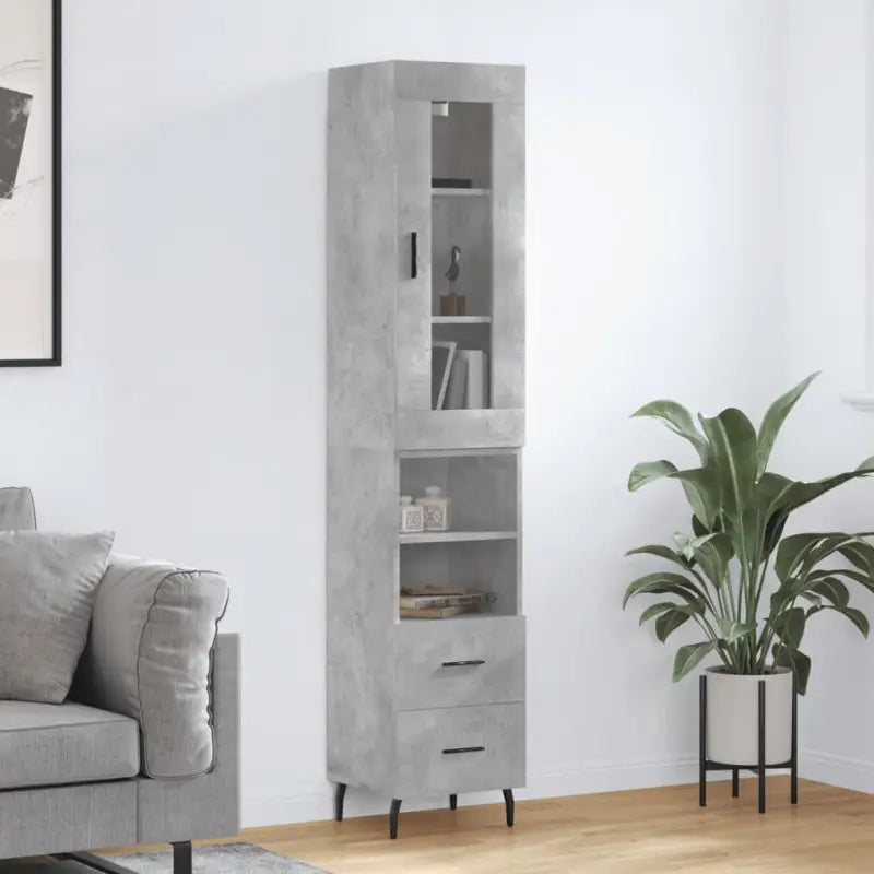 Hoge kast van bewerkt hout met duurzame en stabiele afwerking - Betongrijs / 1 / 2 lades 2 schappen - Dressoirs &