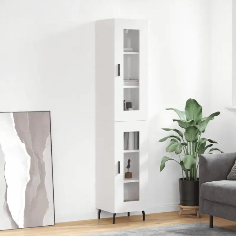 Hoge kast van bewerkt hout met duurzame en stabiele afwerking - Hoogglans wit / 1 / 1 glazen deur - Dressoirs &