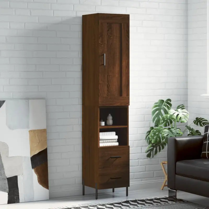 Hoge kast van bewerkt hout met duurzame en stabiele afwerking - bruin eikenkleur / 1 / 2 lades 2 schappen - Dressoirs &