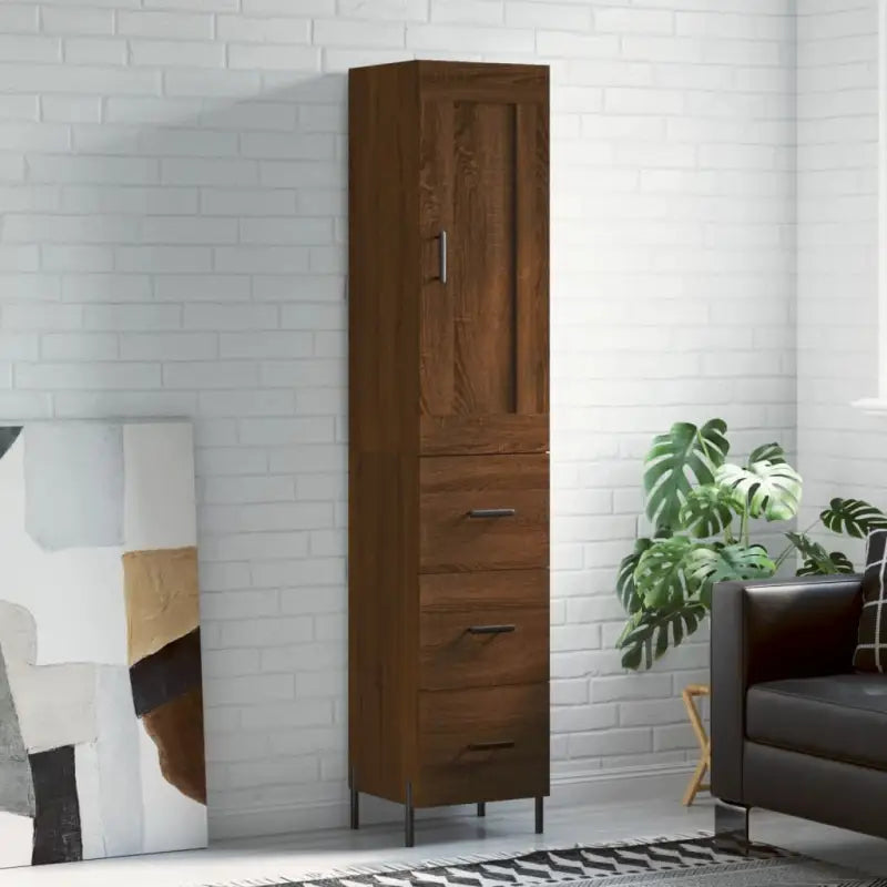 Hoge kast van bewerkt hout met duurzame en stabiele afwerking - bruin eikenkleur / 1 / 3 lades - Dressoirs &