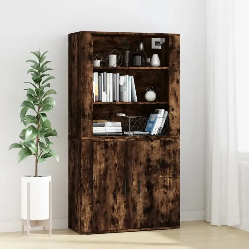 Hoge kast van bewerkt hout met duurzame en stabiele afwerking - Gerookt eiken / 1 - Dressoirs & buffetkasten