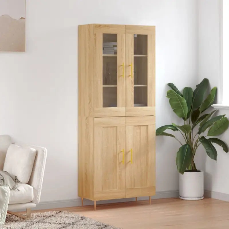 Hoge kast van bewerkt hout met duurzame en stijlvolle afwerking - Sonoma eiken / 1 / 2 houten deuren - Dressoirs &