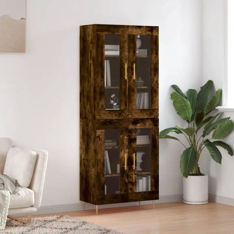 Hoge kast van bewerkt hout met duurzame en stijlvolle afwerking - Gerookt eiken / 1 / 2 glazen deuren - Dressoirs &