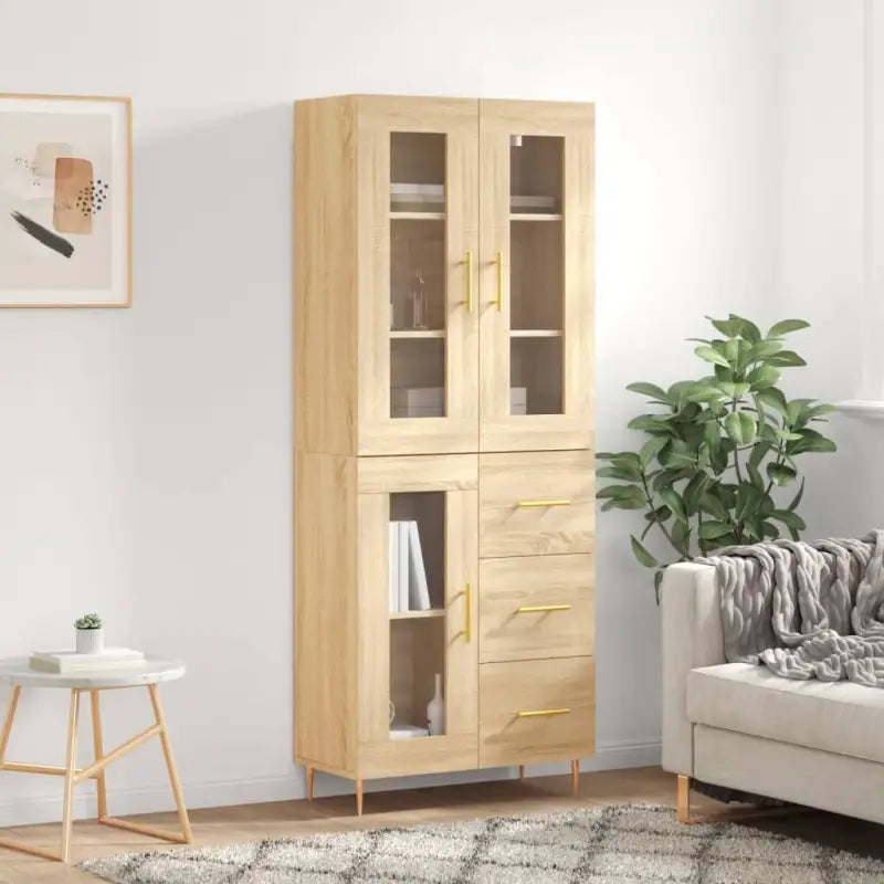 Hoge kast van bewerkt hout met duurzame en stijlvolle afwerking - Sonoma eiken / 1 / 1 glazen deur 3 lades - Dressoirs