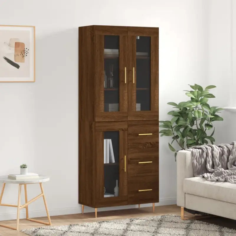Hoge kast van bewerkt hout met duurzame en stijlvolle afwerking - bruin eikenkleur / 1 / 1 glazen deur 3 lades