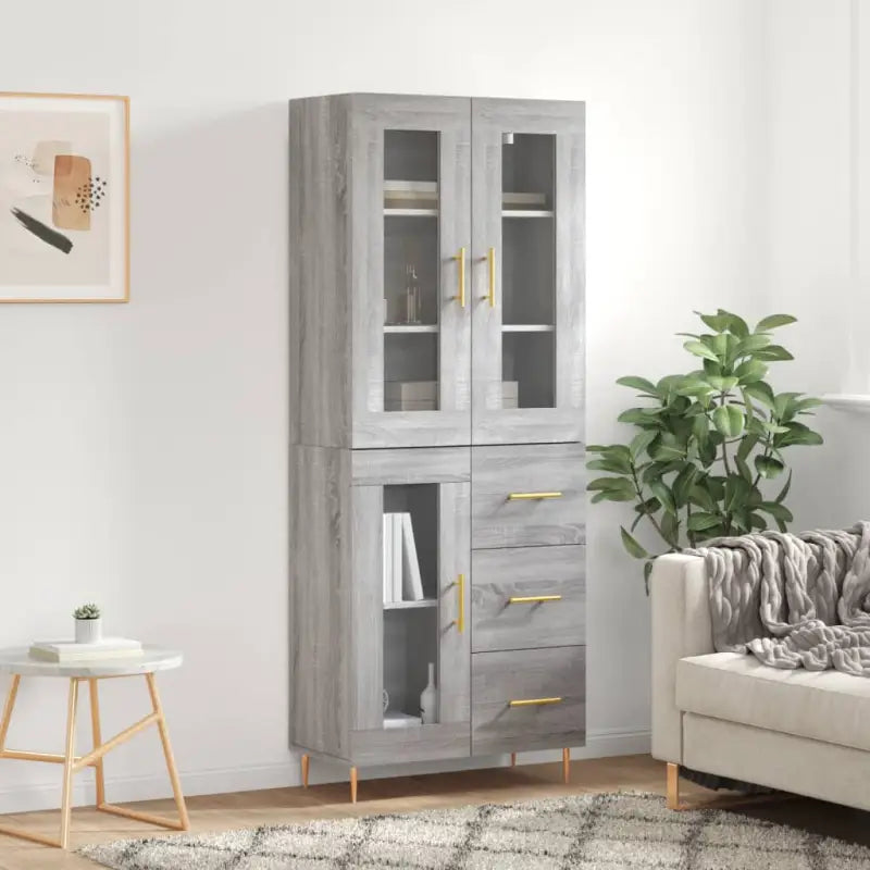 Hoge kast van bewerkt hout met duurzame en stijlvolle afwerking - Grijs sonoma / 1 / 1 glazen deur 3 lades - Dressoirs