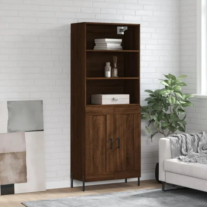 Hoge kast van bewerkt hout met metalen poten voor een moderne uitstraling - bruin eikenkleur / 1 / 2 houten deuren